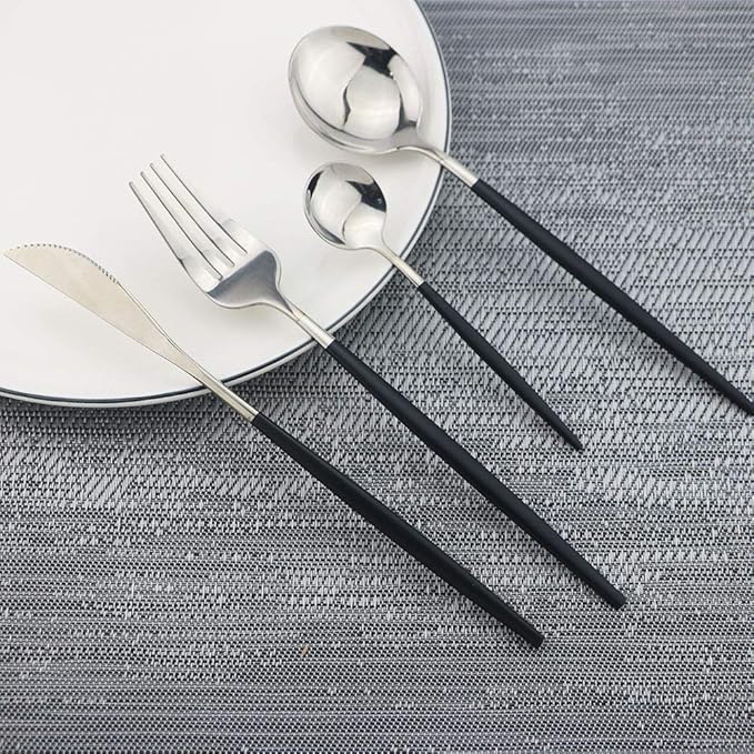 JASHII 24 Piece Titanium Black Plated Stainless Steel Flatware Set,Black Handle With Silver Mouth Flatware Set, Black With Silver Cutlery Set Service for 6 (Black Handle, Shiny Silver)