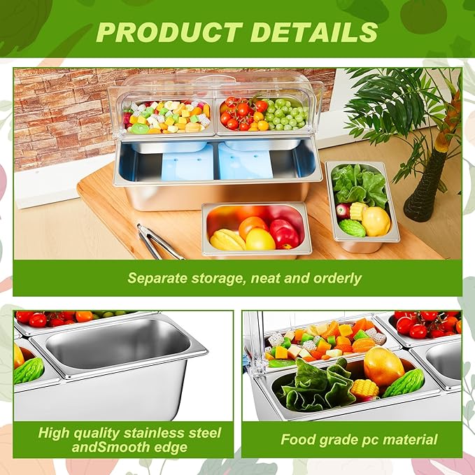 Tessco for you 16 Pcs Ice Food Spice Serving Display Countertop Chilled Condiment Container Set with Lid, Stainless Steel Salad Cold Caddy for Buffet Restaurant Kitchen Party(4 Compartments)