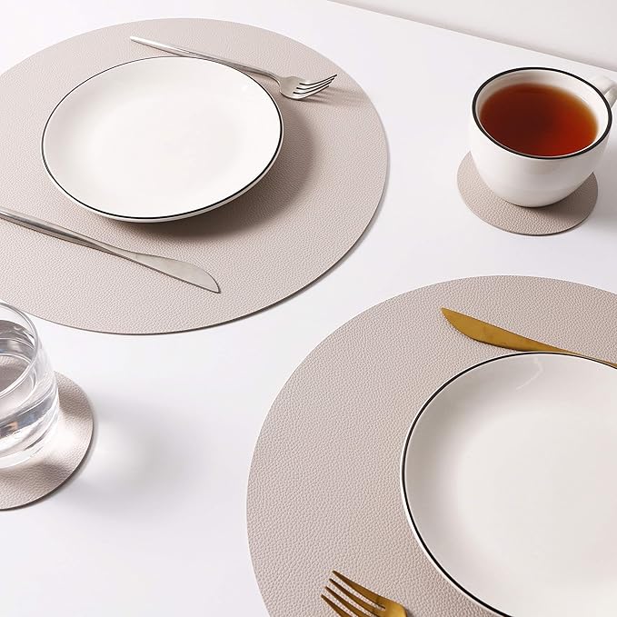 Wipeable Placemats and Coasters Leather Table Mats Waterproof Heat-Resistant Easy to Clean for Dining Table Set Kitchen Table Set of 4, Taupe