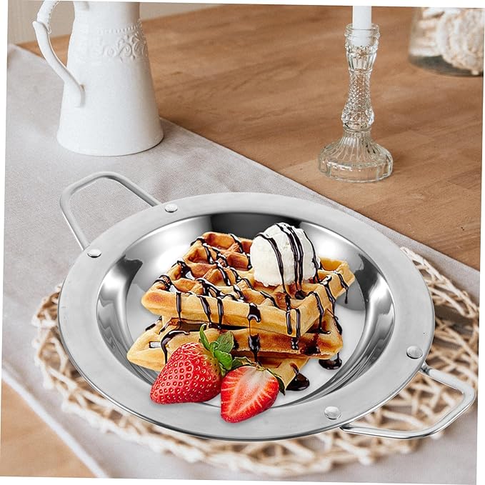 2pcs Stainless Steel Snack Plates Round Plate Handles for Hotel Serving Trays