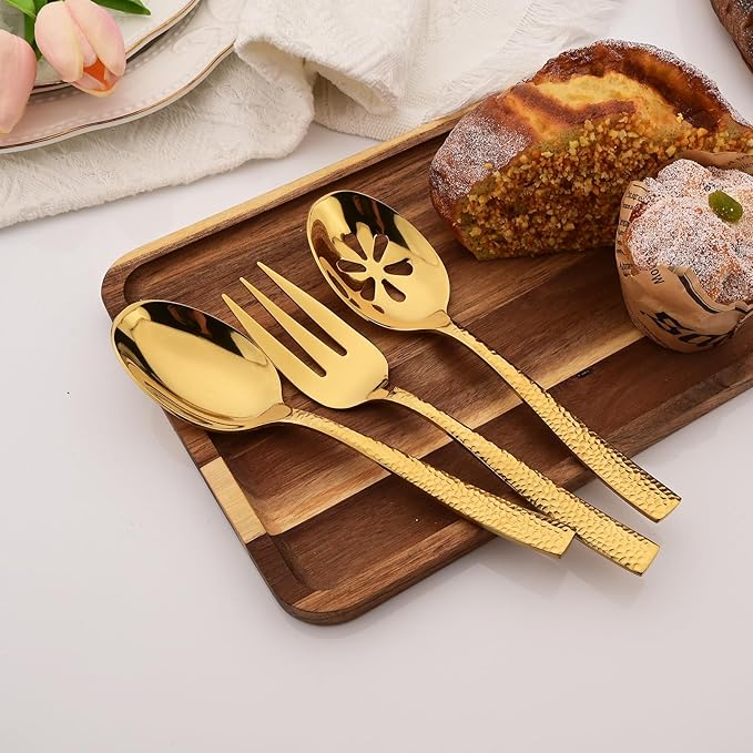 6 PCS Hammered Serving Utensils, Uniturcky Stainless Steel Serving Spoons Set, Square and Thick Hostess Serving Set, Includes 2 Serving Spoon 2 Serving Fork and 2 Slotted Spoon, Mirror Gold