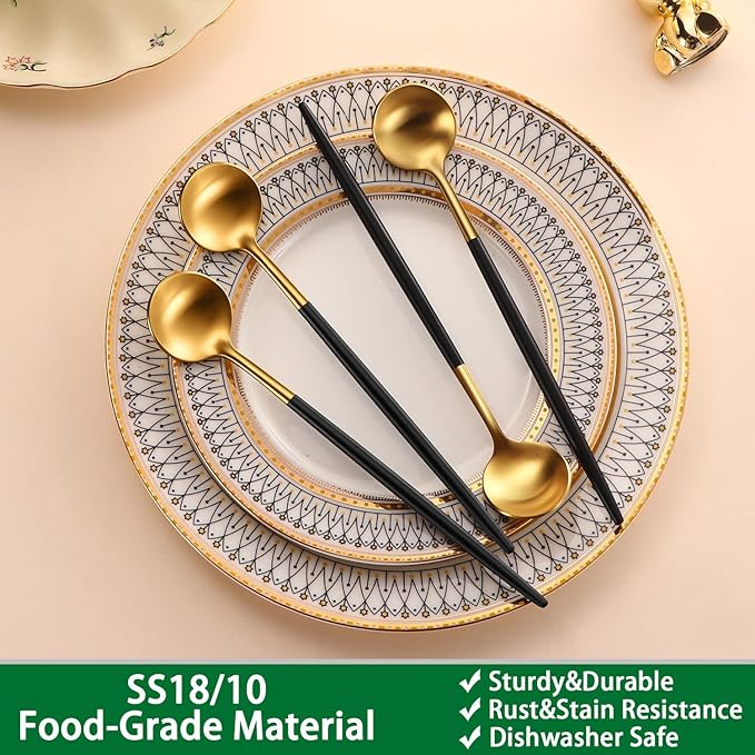 7.95 Inches Satin Gold SS18/10 Long Stirring Spoons With Black Handle,Elegant Iced Tea Spoons,Long Handle Mixing Spoons For Coffee,Cocktail,Ice Cream,Milk