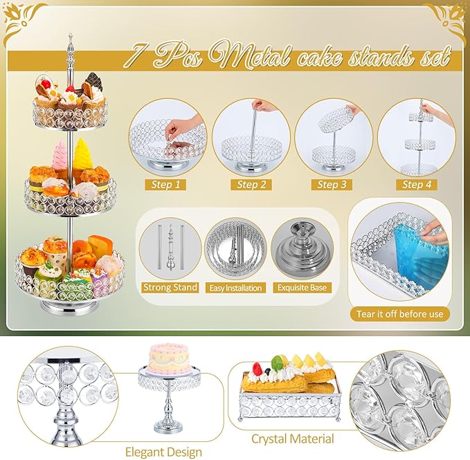 Tioncy 7 Pcs Cake Stand Set with Crystal Beaded Mirror Metal Dessert Table Display Stands for Dessert Table Cupcake Holder for Birthday Party Wedding Festival (Silver)