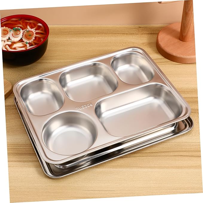 Stainless Steel Divided Dinner Plate with Five Food Serving Tray for Adults for Camping Picnics and Everyday Use
