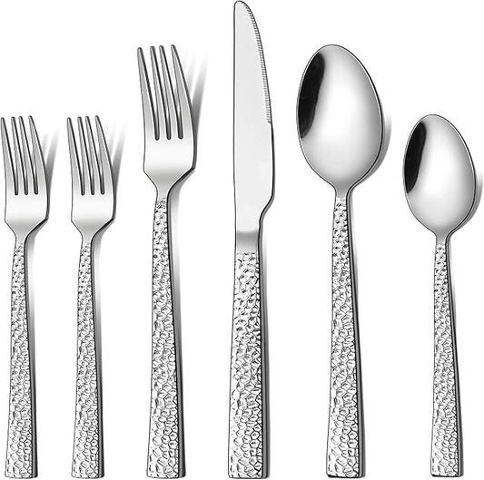 LIANYU Hammered Silverware Set for 8, 48 Piece Flatware Set Plus Extra Forks, Stainless Steel Hammered Square Flatware Cutlery Set for 8, Fancy Eating Utensils Tableware, Dishwasher Safe