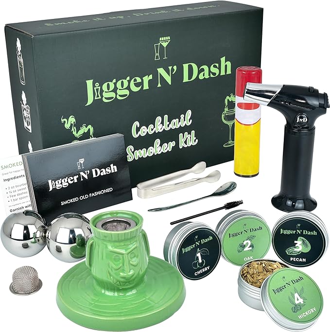 Jigger N' Dash Cocktail Smoker Kit with Torch, Tiki Top Whiskey Smoker, Bourbon Gifts for Men Old Fashioned Smoker Kit Whiskey Infuser Kit Bourbon Smoker Kit Whiskey Smoker Set (Green Tiki)