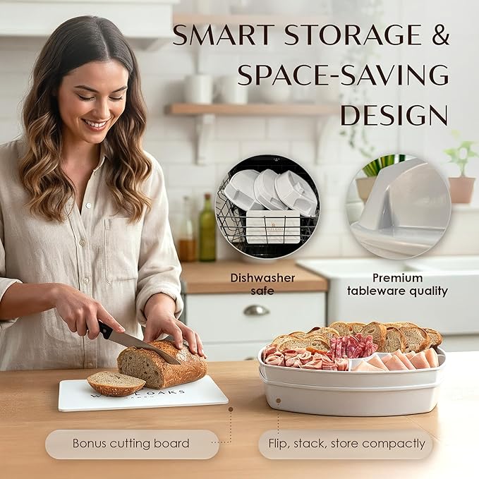 15" Stone-Colored Chilled Serving Tray - 3-Tier Ice Party Platter with 4 Compartments, Ice Tray & Lid, BPA-Free Melamine, Dishwasher & Freezer Safe for Fruits & Vegetables - Cutting Board Included