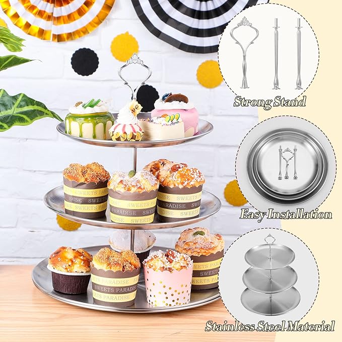 Zubebe 6 Pcs Dessert Table Display Set 2 Stainless Steel Cupcake Stand 3 Tier Cake Holder 3 Rectangle Serving Tray 1 Round Cake Tray Tiered Candy Cupcake Tower for Party Wedding Birthday (Silver)