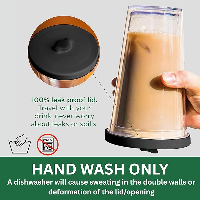 Kensal Home Reusable Iced Coffee Cup (16 Oz/Grande), Leak Proof and Double Wall Insulated Iced Coffee Tumbler, Come with Reusable Plastic and Metal Straws and Straw Cleaner - Black