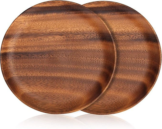 Ayiaren 12 Inch Best Acacia Wooden Dinner Plates Set of 2, Round Wood Serving Tray Wooden Plates for Eating Salad Fruit Food Dishe Platter Charcuterie Boards Charger Plate Cheese Serving Board