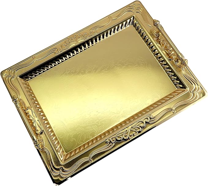 (Pack of 2) 18.1 inch x 13.6 inch Rectangular Iron Gold Plated Serving Tray with Handles Floral Engraved Decorative Party Wedding Buffet Wine Candle Decor Platter Plate Base Dish NC-072