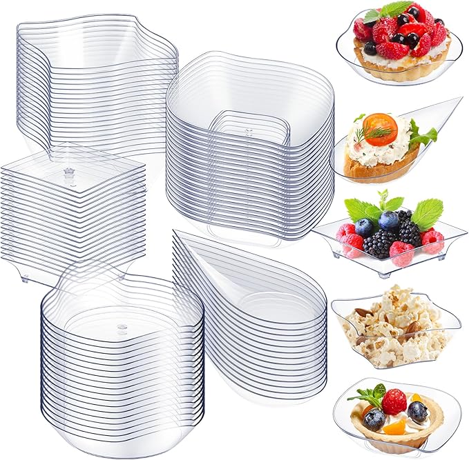 Tessco for you 100 Pcs Mini Appetizer Plates Set, Disposable Dessert Plates Assorted Shape Mini Plastic Spoons for Wedding Party Birthday (Clear)