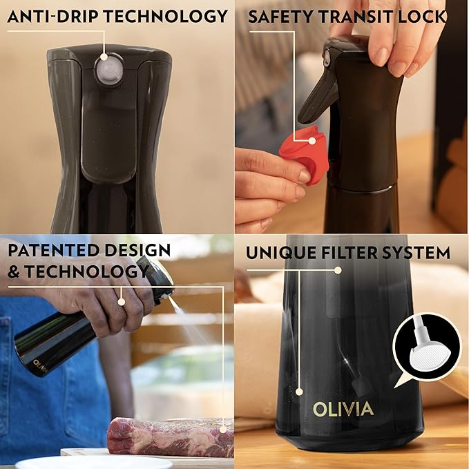 FLAIROSOL OLIVIA Oil Sprayer for Cooking, 200ml Glass Olive Oil Sprayer, Continuous Cooking Spray Dispenser with Portion Control for Kitchen, Air Fryer, Salad, BBQ (Black Bottle, Gold Print)