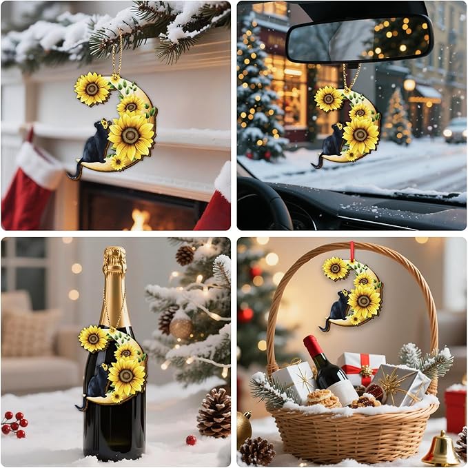 34HD Black Cat Christmas Ornament 2025 – Wooden Hanging Xmas Tree Ornament Decoration, Cute Christmas Keepsake Gifts and Home Decor with Sunflower Design for Cat Lovers and Garden Fans