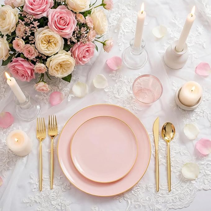 MirthMood 350PCS Pink Plastic Plates with Gold Rim – Plastic Plates Set Includes 50 Dinner,50 Dessert Plate,50 Cup&50 Napkins 150 Gold Silverware for Wedding&Birthday Parties&Valentine's Day