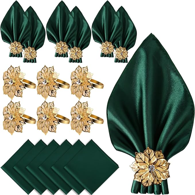 CROWN GUIDE 12 Pack Gold Napkin Rings and Cloth Napkins Set of 6, 17x17 Satin Cocktail Napkins Bulk Table Napkins Holder for Wedding Reception Personalized Napkins Bridal Shower for Party Decorative