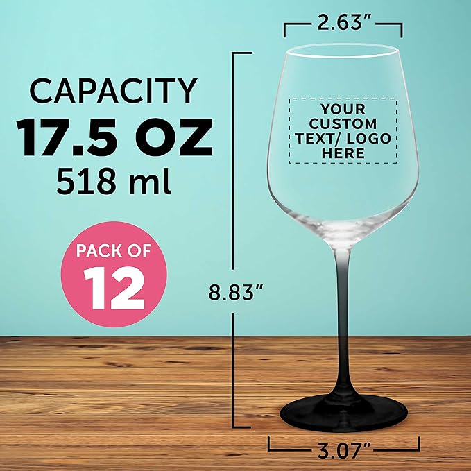 Custom Crystal Wine Glasses 17.5 oz Set of 12, Personalized Bulk Pack - Restaurant Glassware, Perfect for Red Wine or White Wine - Black
