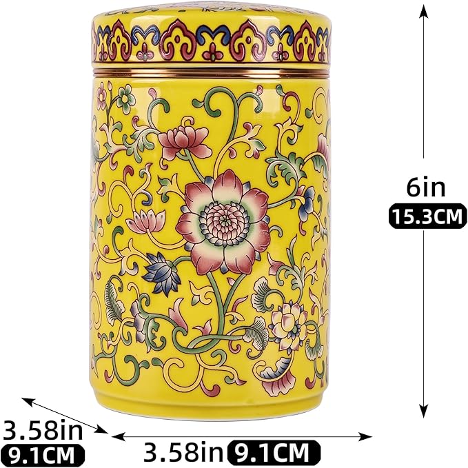XINGYAN Chinoiserie Enamel Ginger Jar with Twist Lid - Traditional Chinese Blue and White Porcelain Style-Cylinder Design (Yellow Cylinder)