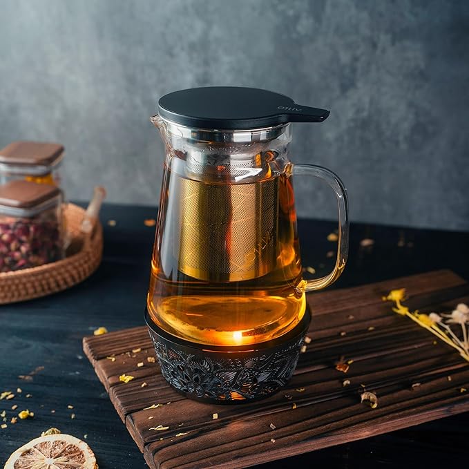 Elegant Glass Teapot with Built-In Tea Infuser & Stainless Steel Candle Warmer Base - 1000ml, Premium Gift Set for Tea Lovers, Perfect for Brewing and Keeping Tea Warm
