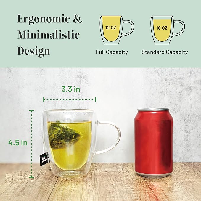 ChaYeah, Double Wall Glasses, 12 OZ Insulated Cups with Handle, Perfect for Tea, Coffee, Water, and More (Set of 2)