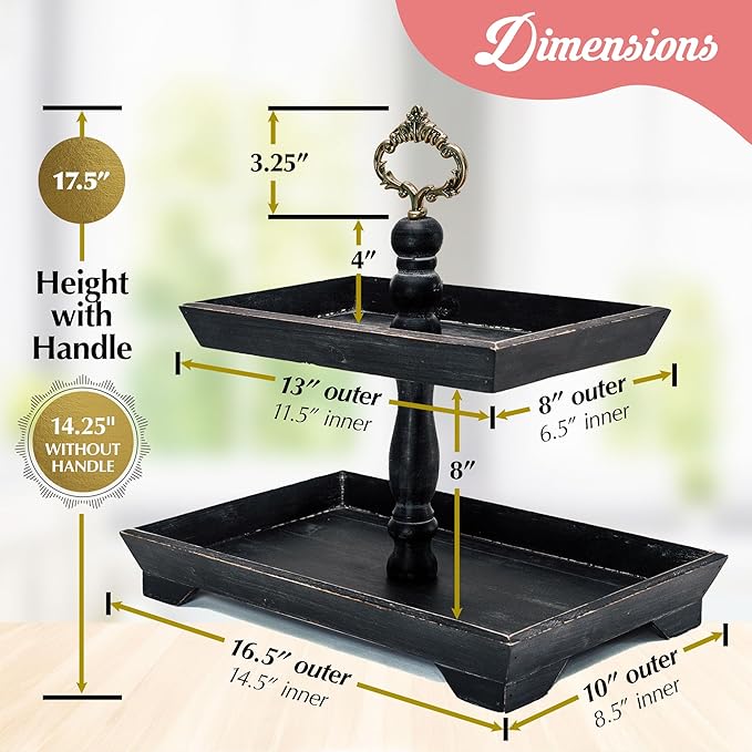 Felt Creative Home Goods Rectangle Rustic Wood Two Tiered Tray, 2 Tier Serving Tray for Coffee Bar, Kitchen Counter, Dining Room Table, Cupcake Stand, Holiday and Farmhouse Decor (Rustic Black)