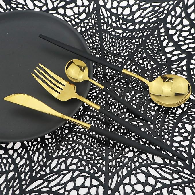 Shiny Silverware Sets, 24-Piece Elegant Cute Black Handle Gold Cutlery set,304 Stainless Steel Silverware Set for Eating Home Kitchen Hotel Restaurant, Sets for 6 People, Dishwasher Safe