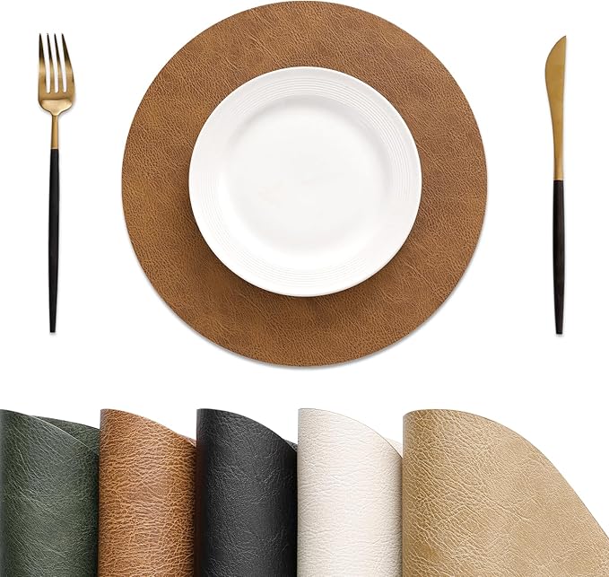 MOSAYT 13 Inch Round Vinyl Placemats Set of 4 - Faux Leather 100% Waterproof Oil-Proof Wipeable PU Place Mats, Heat Resistant Reversible Table Mats for Kitchen, Dining, Outdoor (Reddish Brown)