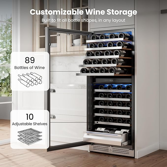 Yeego Wine Fridge – 24 Inch Dual Zone Wine Cooler Refrigerator 40°F-65°F, 304 Stainless Steel Glass Door Lock, Temp Memory Blue & White LED Built-in Fridge Left-hand Opening with Drawer (89 Bottle)