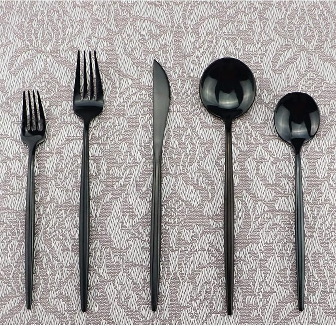 Gugrida Portable Silverware Set - 5-Piece Flatware Cutlery Set - 18/10 Stainless Steel - Mirror Polishing Black - Travel Elegant Modern Utensils - Service for 1 Include Steak Knife Dinner Fork Spoon