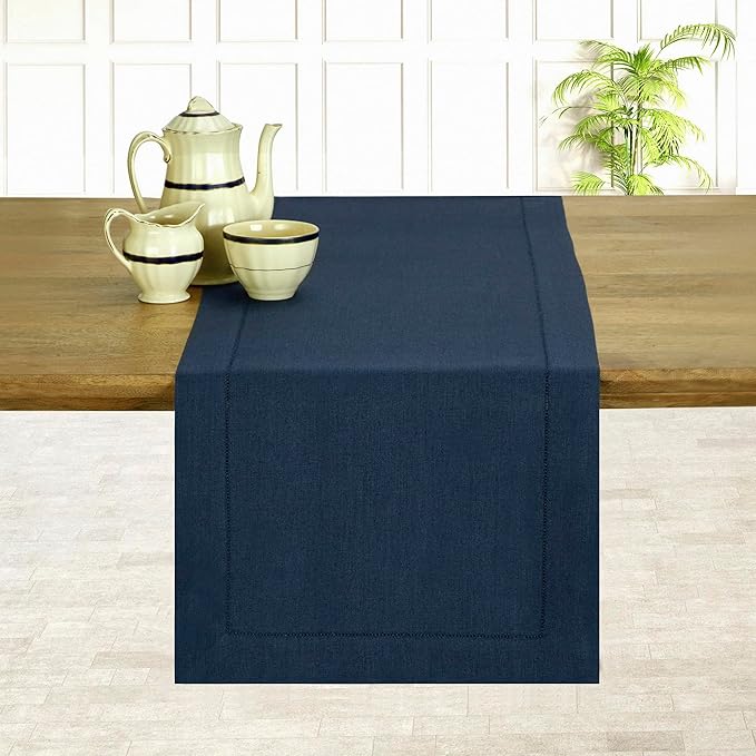 D'Moksha Homes Linen Navy Blue Table Runner 120 Inches Long - 100% Pure Linen Hemstitch 14 x 120 Inch Table Runner for Dining, Winter, Christmas, Holiday, New Year - Classic Hemstitch