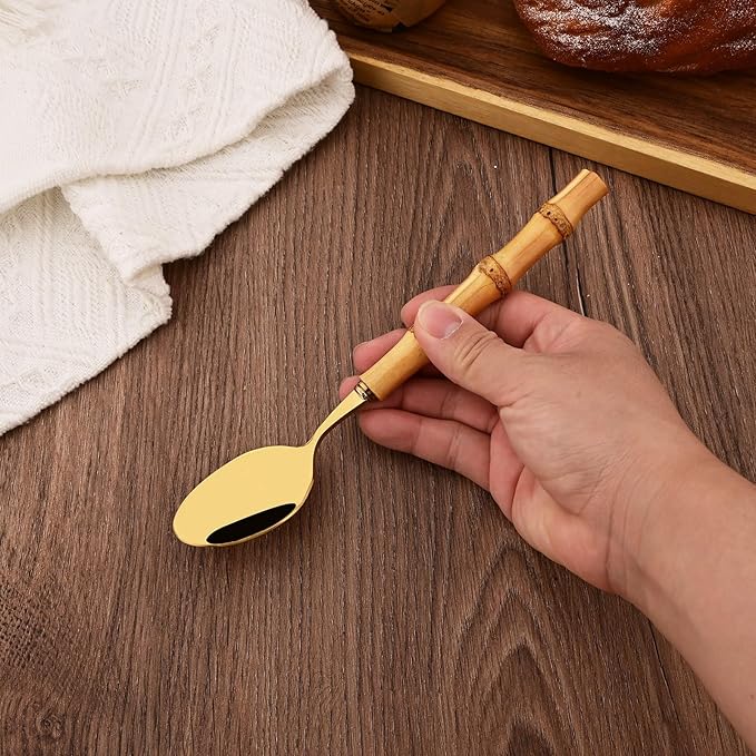 Stainless Steel Flatware Set, Bamboo Handle Silverware Set, Reusable Eating Utensils for Home Kitchen and Restaurant, Modern Gold Cutlery Set, 8 Pieces Dinner Spoons