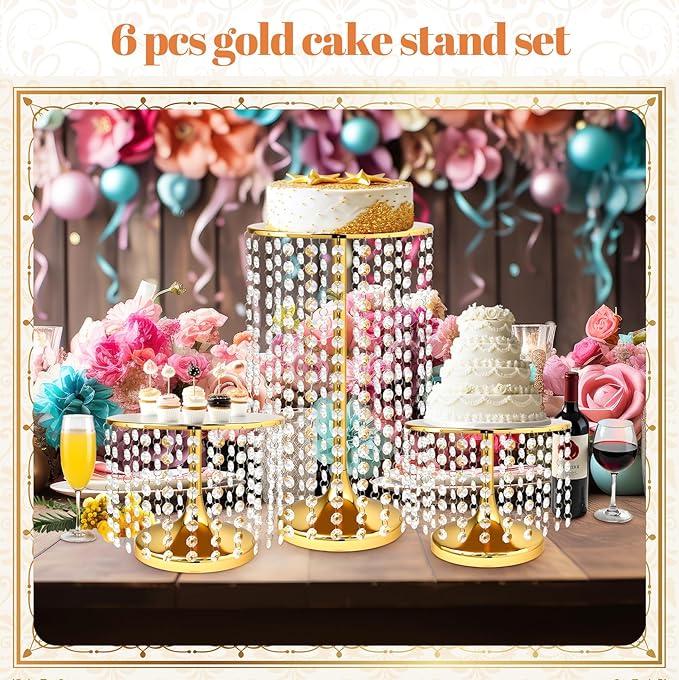 6 Pcs Crystal Gold Cake Stand for Party, Gold and Crystal Dessert Table Display Set, Vintage Metal Cupcake Stand Includes Protective Film