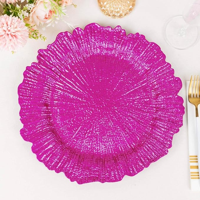 13" Charger Plates - Set of 12 - Acrylic Fuchsia Round Reef Disposable Chargers, Ideal for Dinner Party Wedding Holiday Bulk Events