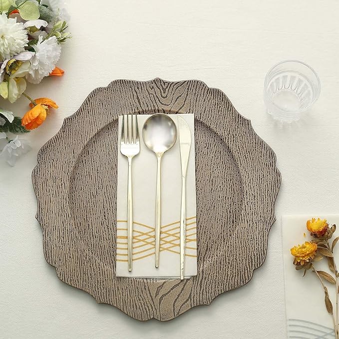 Efavormart 6 Pack | 13" Rustic Natural Wooden Textured Acrylic Charger Plates With Scalloped Rim