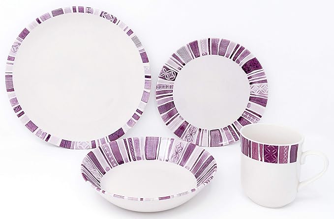 Tudor 16-Piece Premium Quality Round Porcelain Dinnerware Set,BOHEME PURPLE, Service for 4, See 10 Designs Inside!
