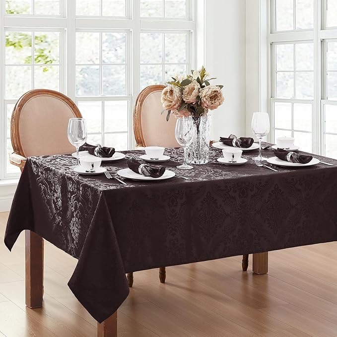 Elrene Home Fashions Caiden Elegance Damask Waterproof, Stain & Wrinkle Resistant Fabric Tablecloth, 60" x 144" Oblong/Rectangle, Black