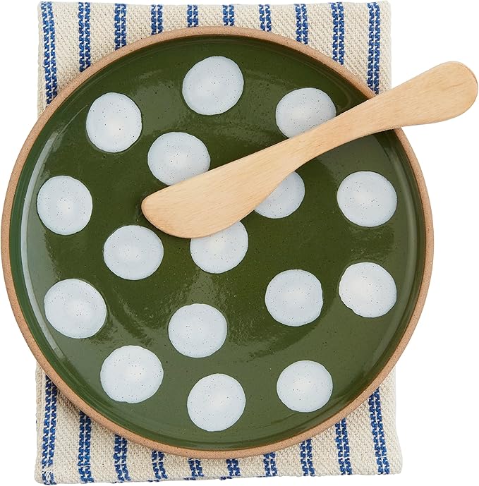Mud Pie Dotted App Set, plate 6 1/2" dia, spreader 5 1/2", towel 21" x 14", Green