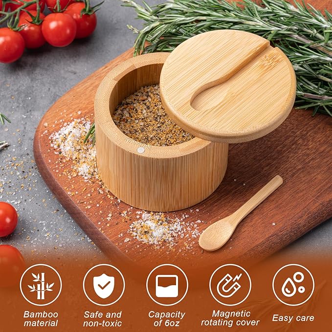 Bamboo Salt Cellar, Salt Box with Magnetic Swivel Lid, Spice Box with Spoon, Round Salt Container for Storing Salt Pepper Sugar Herbs,6 Ounce Capacity