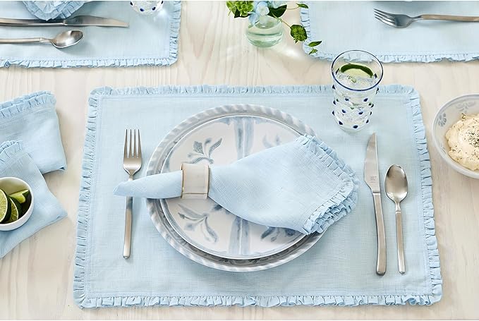 Solino Home Ice Water Linen Placemats 14 x 19 Inch - 100% Pure Linen Juliette Ruffle Placemats Set of 4 - Handcrafted and Machine Washable Table Mats for Christmas, New Year