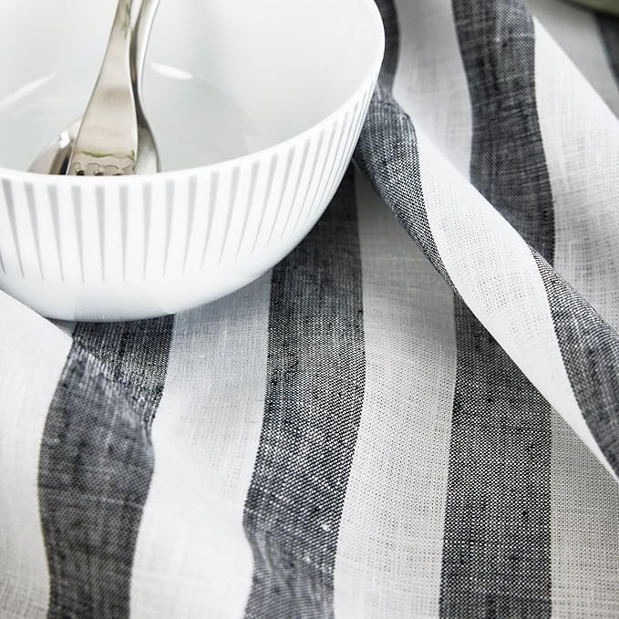 Solino Home Linen Square Tablecloth 52 x 52 Inch - Sorrento Stripe, 100% Pure Linen Black and White Table Throw - Machine Washable Tablecloth