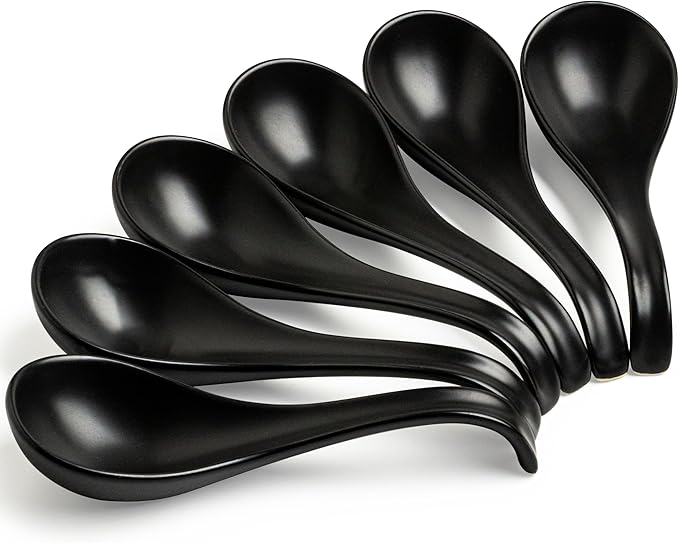 LYEOBOH Soup Spoons, Ceramic Soup Spoon Set of 6-6.5 inch Tablespoons, Dishwasher & Microwave Safe, Chinese Spoons with Deep Hook Design, Black