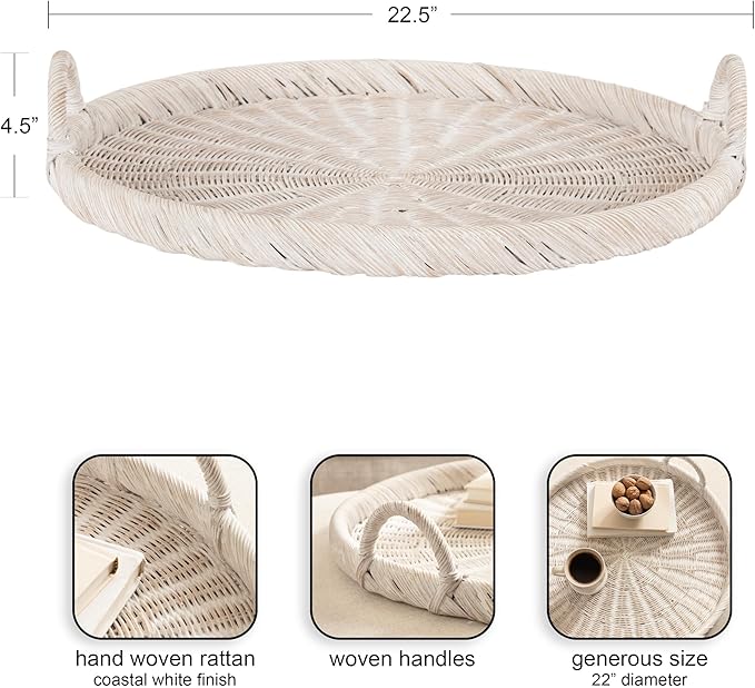 Kate and Laurel Cormont Modern Round Woven Rattan Tray with Handles; 23 Inch Diameter; Whitewash Rattan; Decorative Circle Boho Tray for Use as Versatile Ottoman Tray or Serving Platter