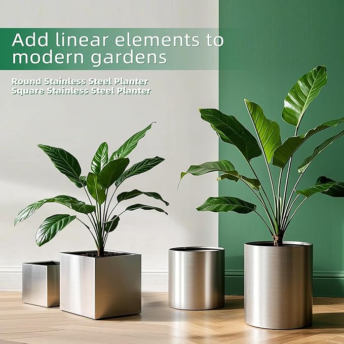 Longrun 11.8 Inch Dia Round Planter, Modern Indoor Outdoor Large Stainless Steel Plant Pot and Plant Caddy with Wheels for Home Patio Garden, Easy to Clean and Move
