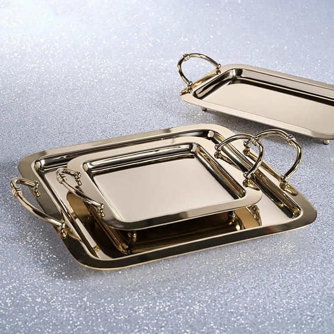 Zodax Stainless Steel and Brass Bar or Serving Trays in Polished Gold and Silver | Manetta Polished Gold - Medium