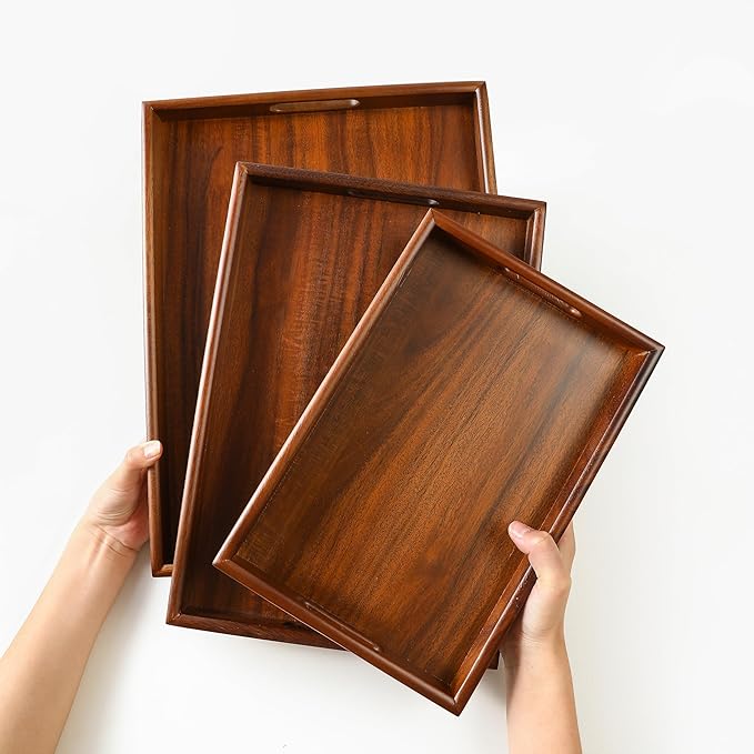 Premium Durable Rectangular Wooden Tray with Handle 12"-100% Natural Walnut Wood Serving Platter for Coffee Table-Great Ottoman Tray Home Decor Plates for Breakfast & Dining
