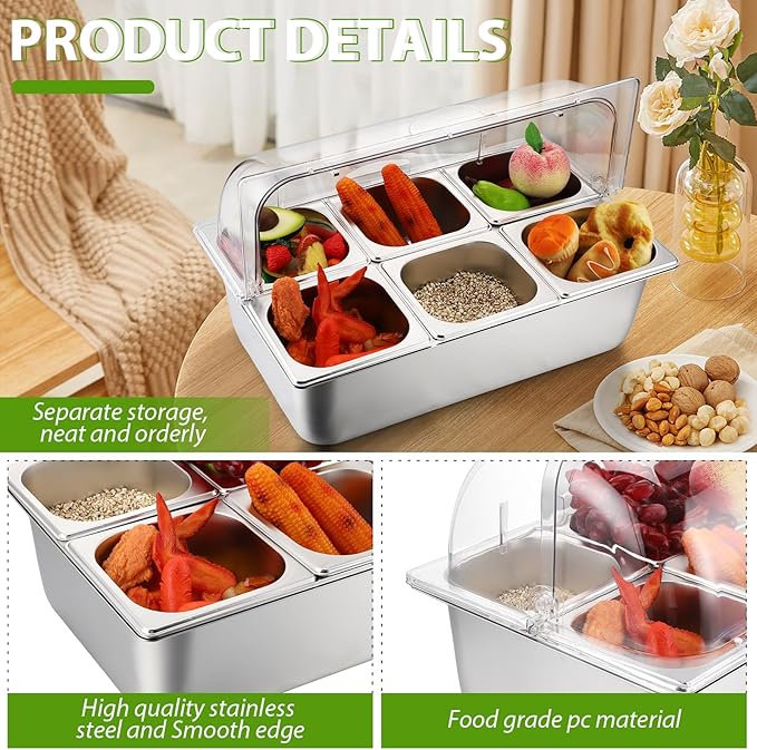 Countertop Food Serving Display Container Clear Roll Top Cover 6 Pan Stainless Steel Ice Food Buffet Server Salad Bar Pizza Topping Station Condiment Dispenser Restaurant Kitchen Party(Silver)