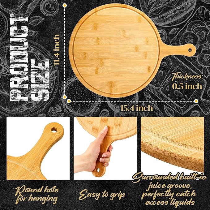 Nuenen 30 Pcs Round Wood Cutting Board with Handle Acacia Bamboo Wooden Serving Kitchen Chopping Boards for Pizza, Bread, Cheese, Charcuterie, Fruit, Vegetables (Bamboo)