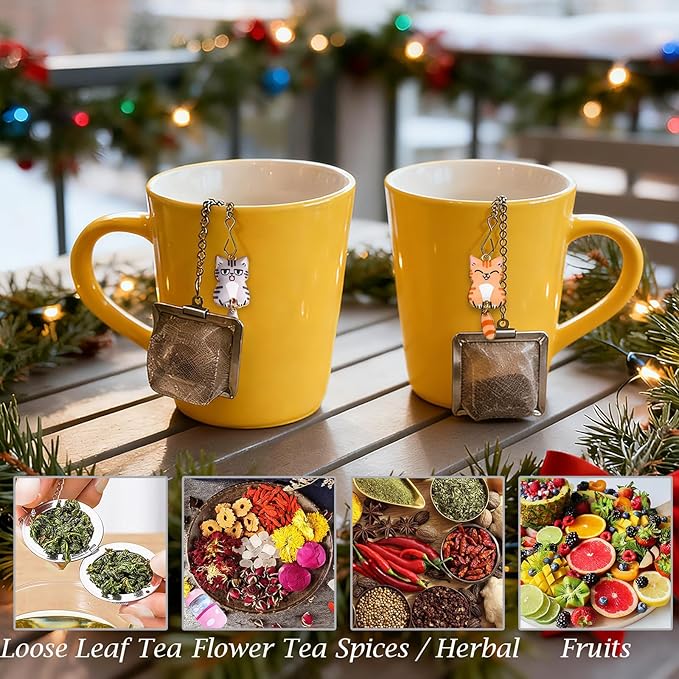 Cat Tea Infuser Set, 2PCS Cubic Loose Leaf Tea Steeper Reusable Stainless Steel Mesh Bags, Cute Tea Strainer with Waving-Tail Cat Charms (Orange Tabby & Silver Tabby)