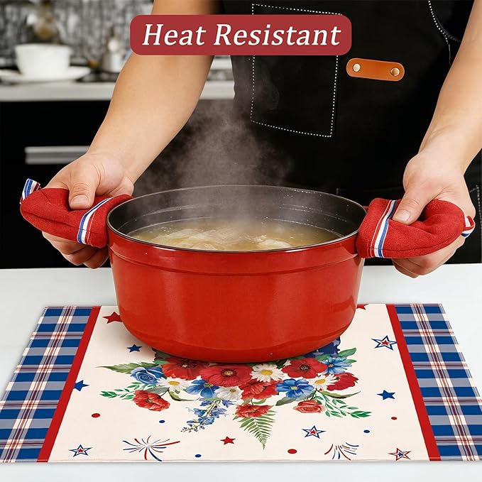 comfoyar Buffalo Plaid Patriotic Placemats Set of 4, 12x18 Inch Non-Slip Linen 4th of July Place Mats, Washable Absorbent Independence Day Flower Table Mats for Kitchen Dining Party Table Decoration