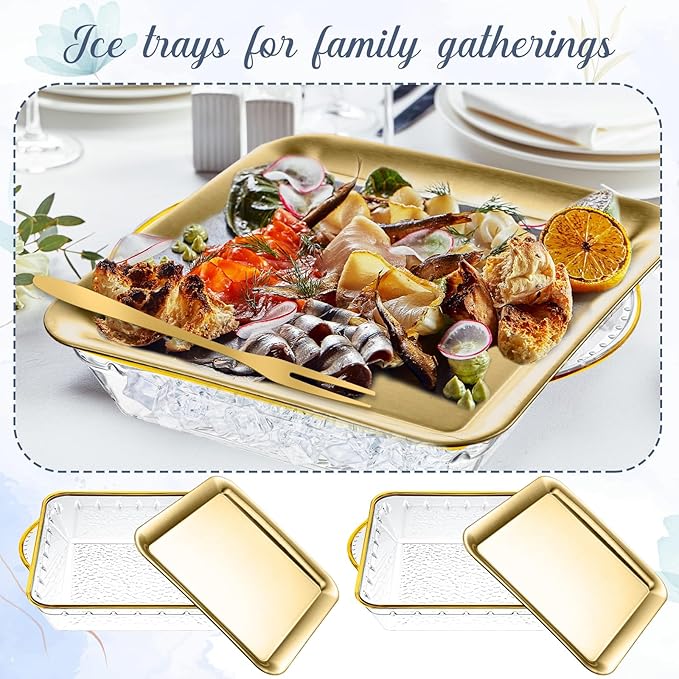 Baderke 9" Chilled Serving Tray for Christmas Parties Ice Chilled Party Platter Charcuterie Serving Board Cold Dish Dip with Forks Tongs for Fruit Seafood Vegetable Appetizer(Gold,4 Set)
